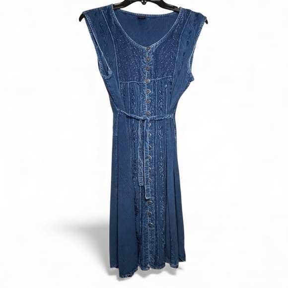 Zuri Embroidered Prairie Denim-Blue Button Front Sleeveless Dress M/L - Picture 2 of 4